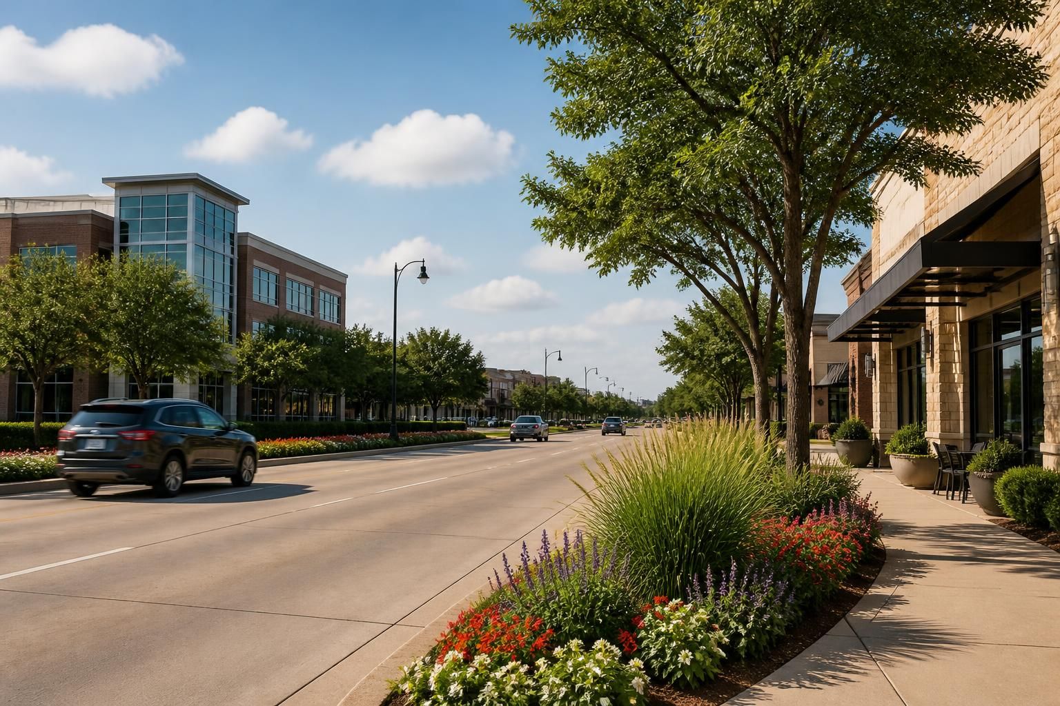 A clean suburban commercial corridor in Carrollton, Texas