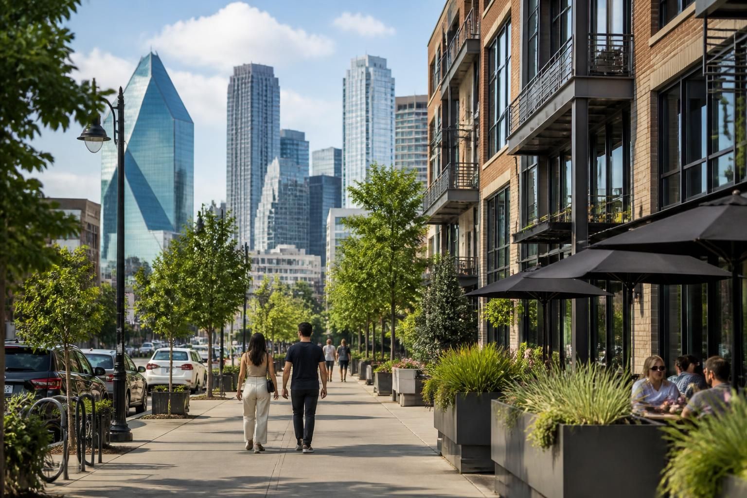 A modern Dallas streetscape with clean city buildings