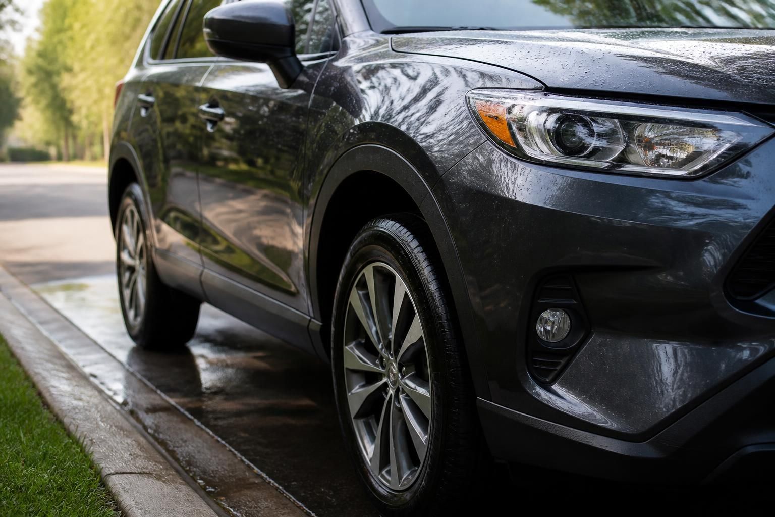 A freshly washed car with a clean wet finish