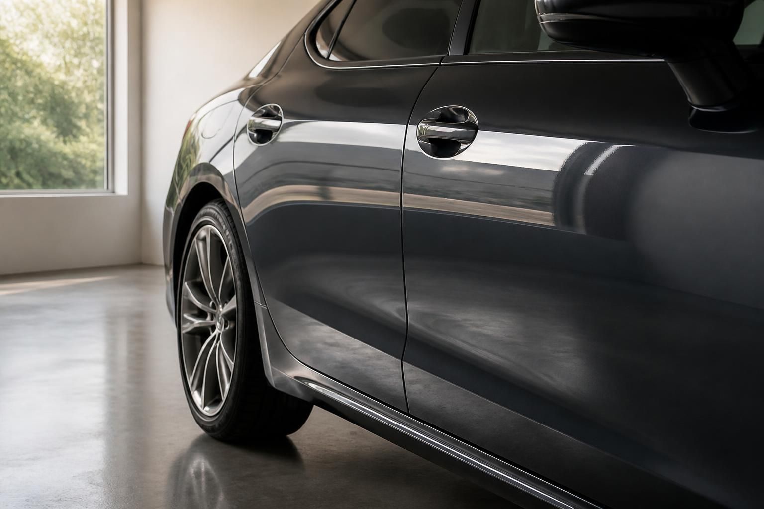 A paint-corrected car surface with smooth reflections and clean finish